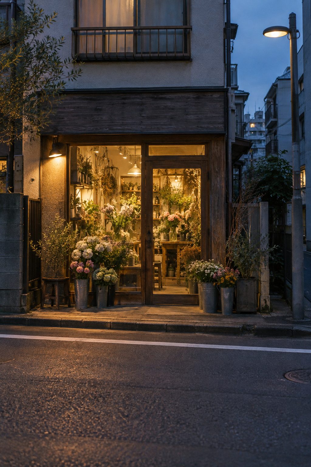 夕方、街灯の下にある店の外観