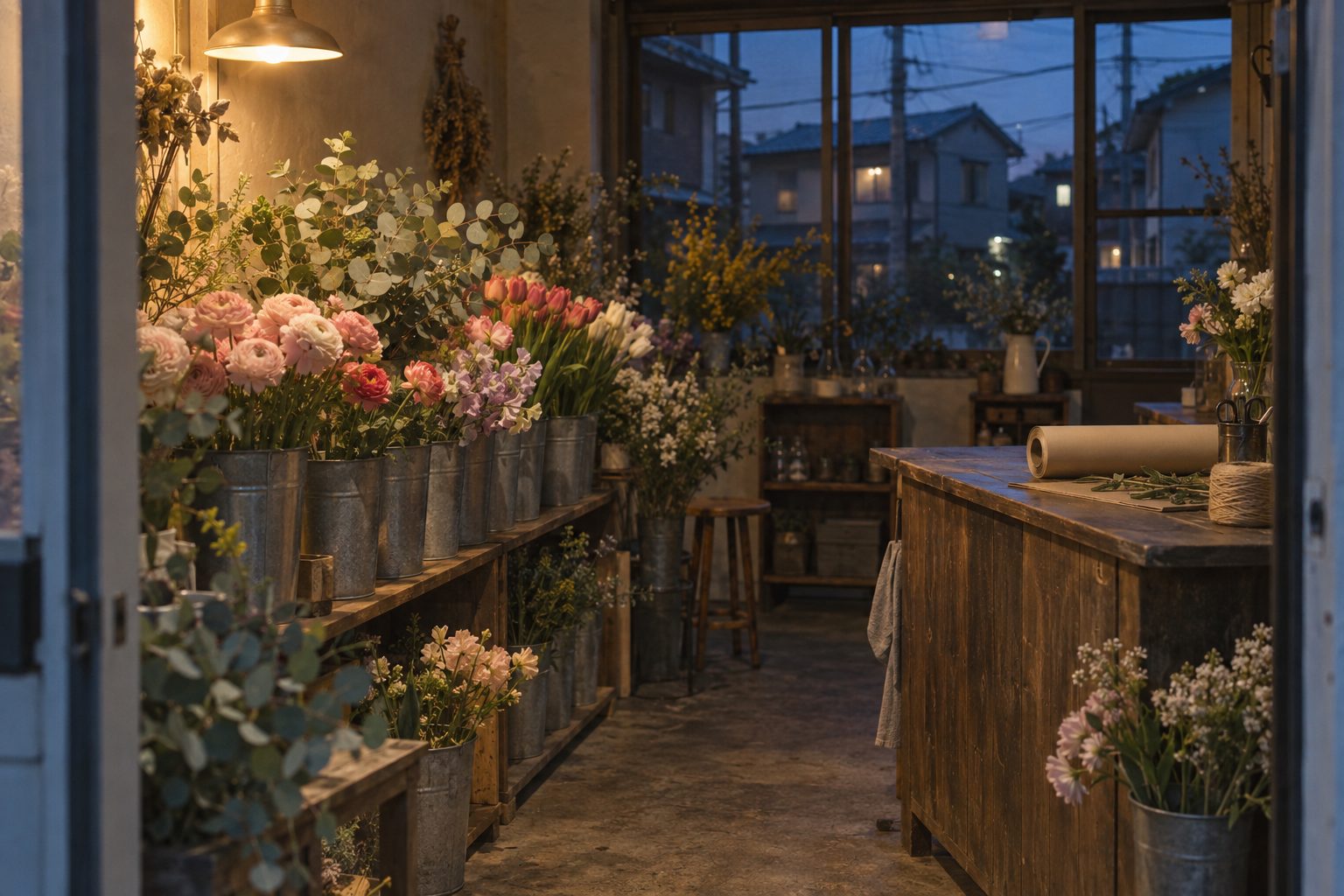 花屋 ひとくきの店内。夕方の暖かい灯りに照らされた切り花